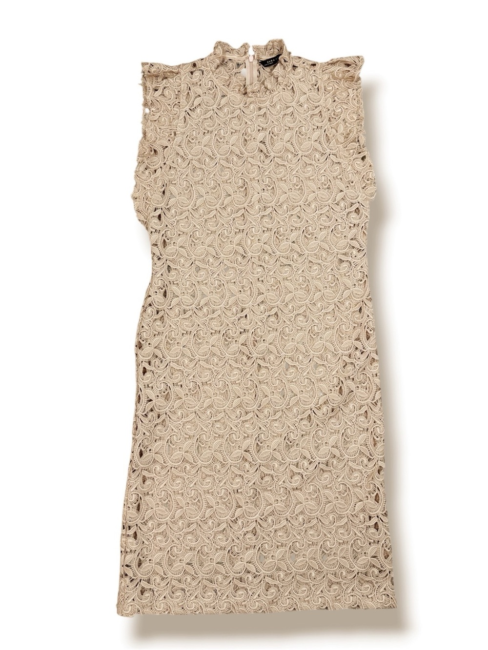 Zara Sheer Lace Ruffle Trim Sheath Dress Nude Tan Large Resort Coquette - Picture 12 of 12